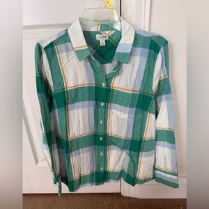 J. Crew kelly green, periwinkle and White Plaid flannel spring Shirt